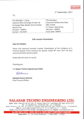 SALASAR  Salasar Techno Engineering Limited  Investor Presentation  September 2017  Disclaimer This