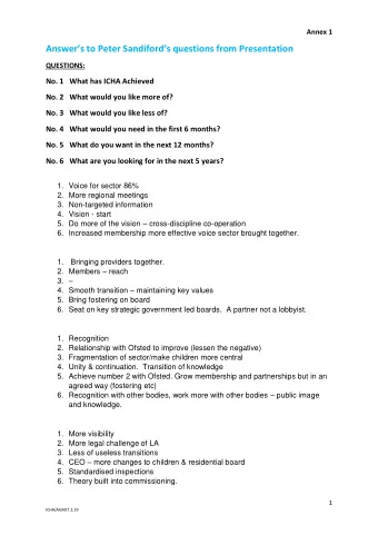 Answers to Peter Sandifords questions from Presentation  QUESTIONS:  No. 1   What has ICHA