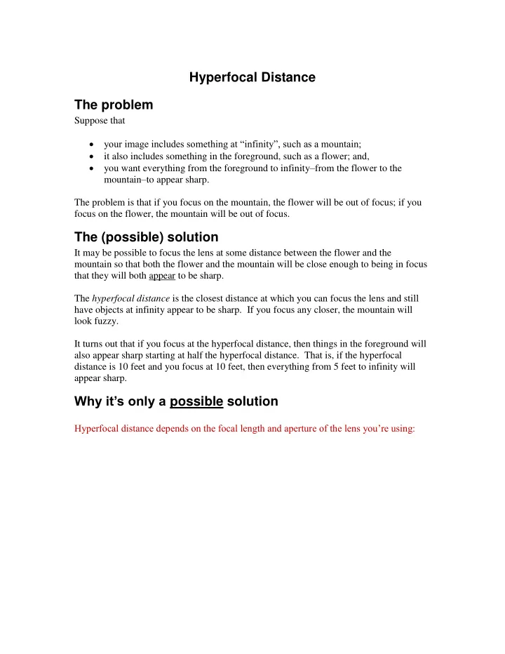 hyperfocal distance the problem