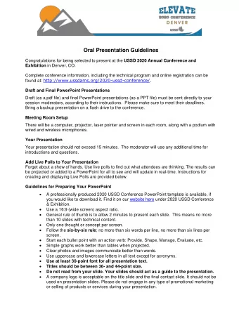 Oral Presentation Guidelines Congratulations for being selected to present at the USSD 2020 Annual