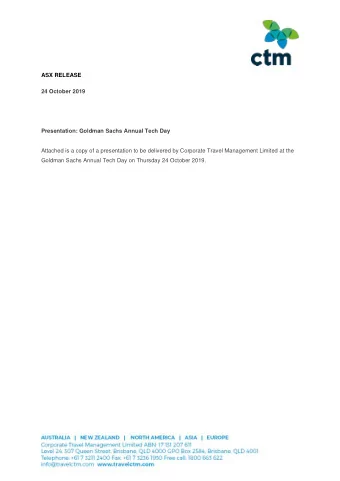 CTM Technology. www.travel ctm .com  Goldman Sachs 3rd Annual Tech Day  24 October 2019  Corporate