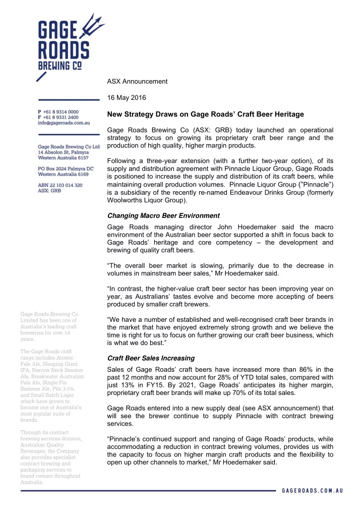 asx announcement 16 may 2016 new strategy draws on gage
