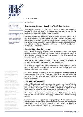 ASX Announcement  16 May 2016  New Strategy Draws on Gage Roads Craft Beer Heritage  Gage Roads