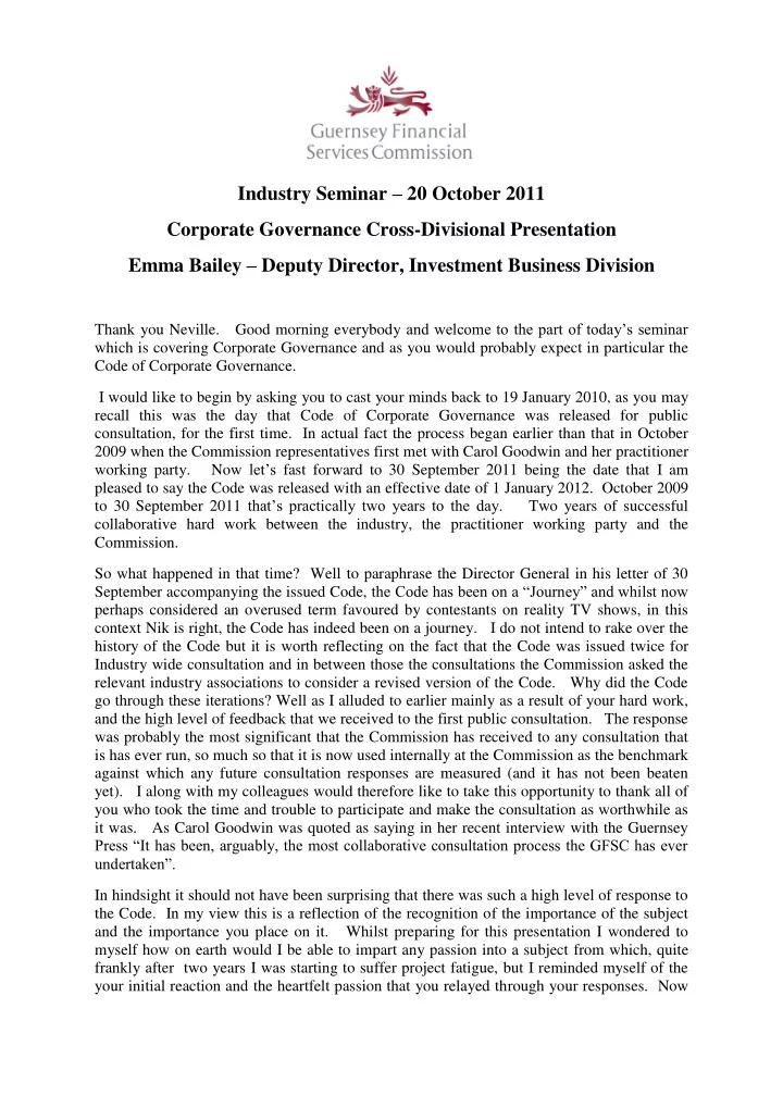industry seminar 20 october 2011 corporate governance