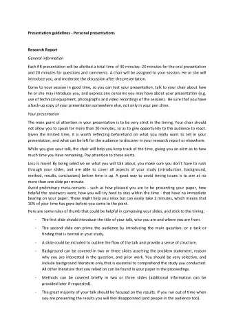 Presentation guidelines - Personal presentations  Research Report  General information  Each RR