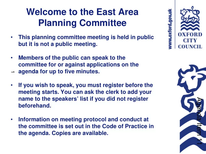 welcome to the east area planning committee