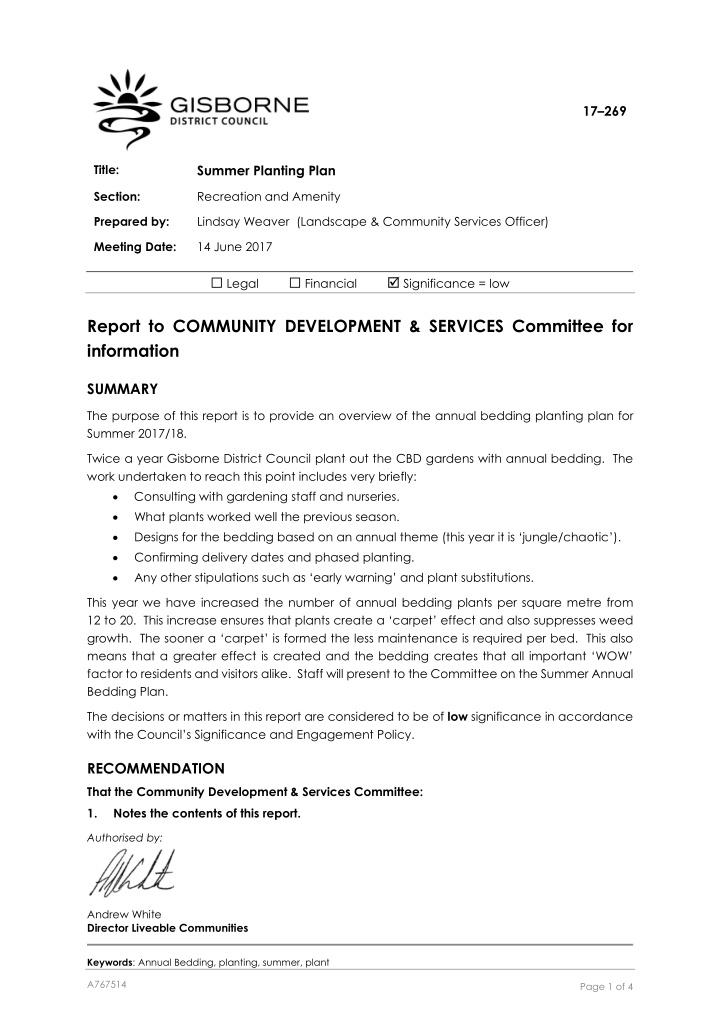 report to community development services committee for