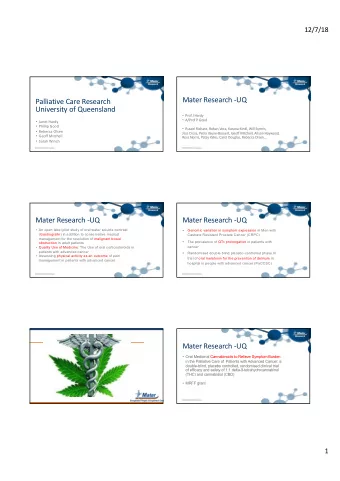 Mater Research -UQ  Palliative Care Research  University of Queensland  Prof J Hardy  A/Prof