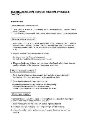 INVESTIGATING LOCAL HOUSING: PHYSICAL EVIDENCE IN  CONTEXT  Introduction  This lecture considers