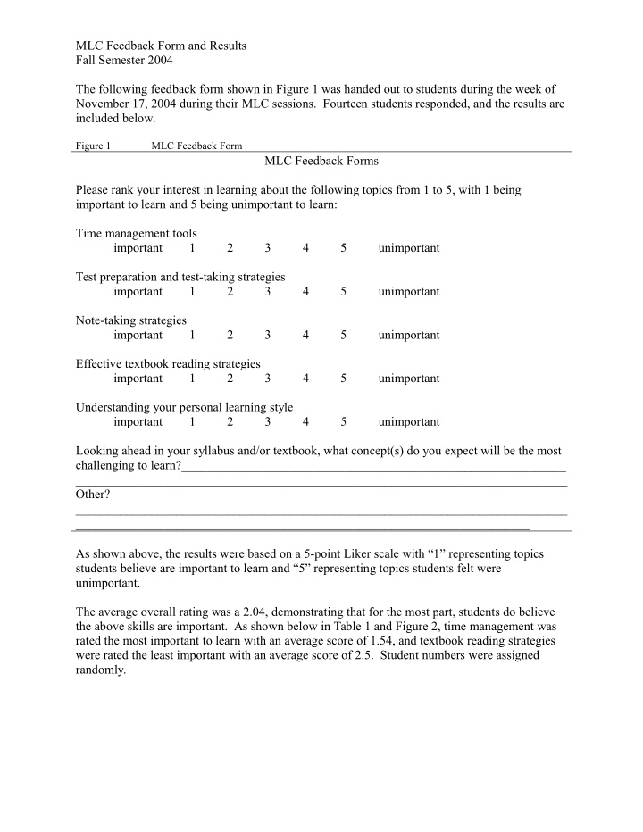mlc feedback form and results fall semester 2004 the