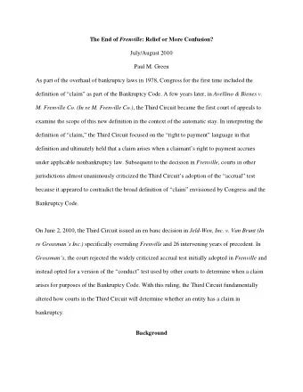 The End of Frenville : Relief or More Confusion?  July/August 2010  Paul M. Green  As part of the