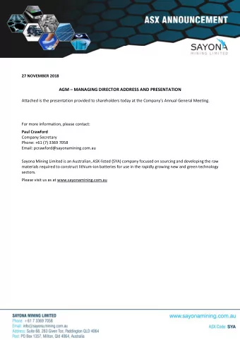 AGM  MANAGING DIRECTOR ADDRESS AND PRESENTATION Attached is the presentation provided to