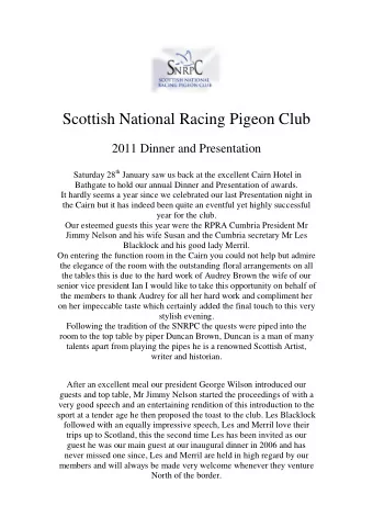 Scottish National Racing Pigeon Club  2011 Dinner and Presentation Saturday 28 th January saw us