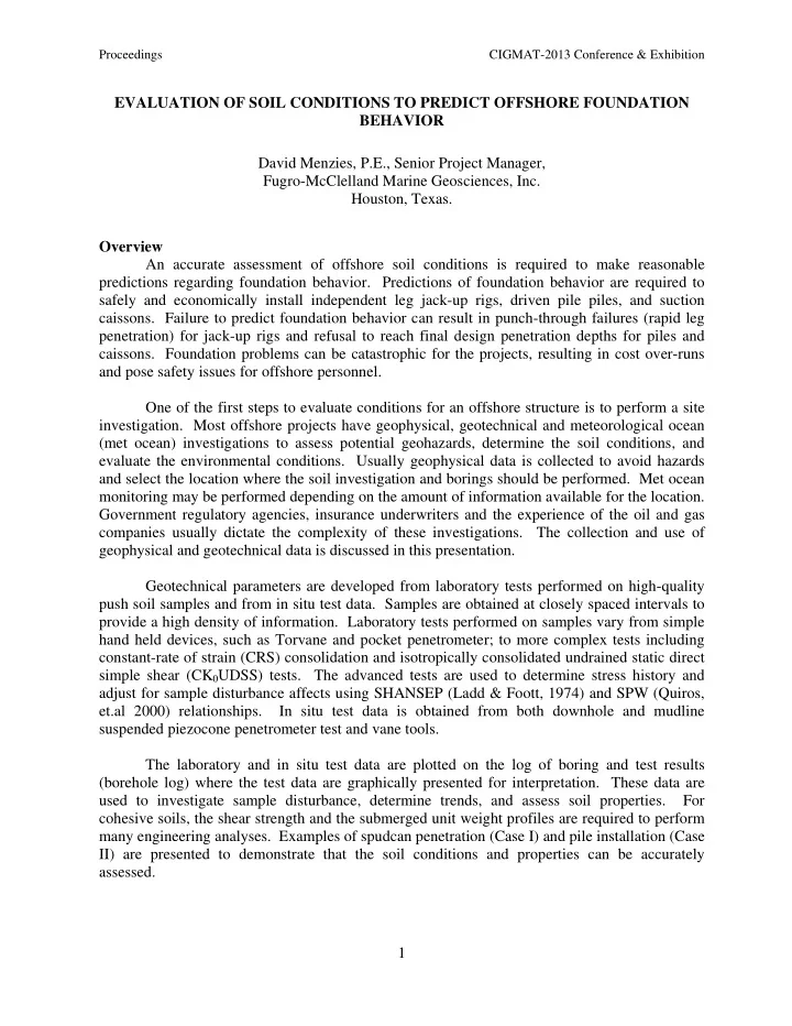 evaluation of soil conditions to predict offshore