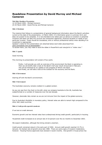 Roadshow Presentation by David Murray and Michael Cameron Title Slide: Roadshow Presentation  12-18