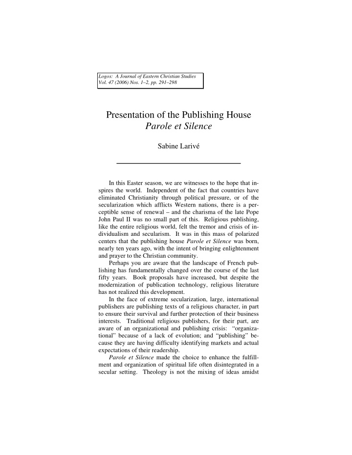 presentation of the publishing house parole et silence