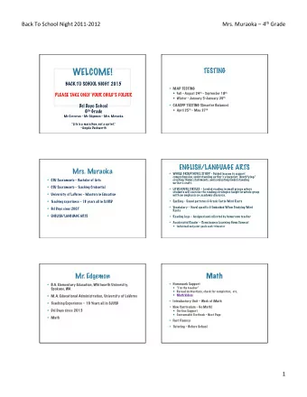 WELCOME!  BACK TO SCHOOL NIGHT 2015  MAP TESTING  Fall - August 24 th  September 18 th