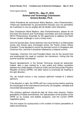 NATO PA  May 27, 2018  Science and Technology Commission  Antoine Bondaz, Ph.D.  Chre