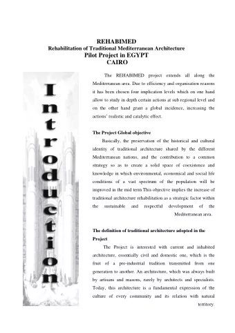 REHABIMED  Rehabilitation of Traditional Mediterranean Architecture  Pilot Project in EGYPT  CAIRO