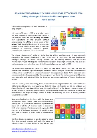 60 MINS AT THE AAMEG CELTIC CLUB SUNDOWNER 27 th OCTOBER 2016  Taking advantage of the Sustainable