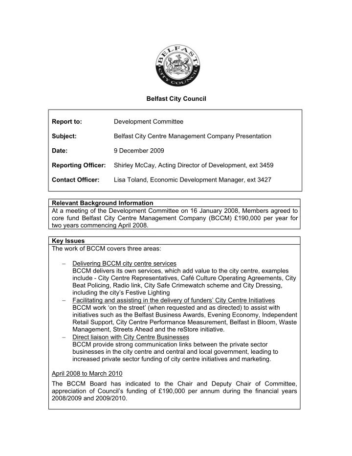 belfast city council report to development committee