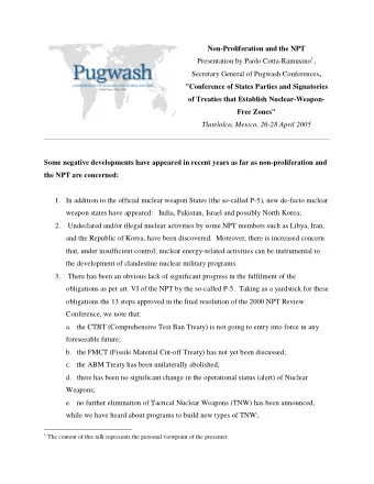 Non-Proliferation and the NPT Presentation by Paolo Cotta-Ramusino 1 , Secretary General of Pugwash