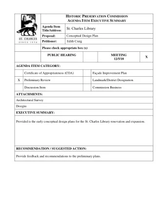 A GENDA I TEM E XECUTIVE S UMMARY  Agenda Item St. Charles Library Title/Address : Conceptual
