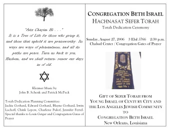 Klezmer Music by  John B. Schenk and Patrick McPeck G IFT OF S EFER T ORAH FROM Y OUNG I SRAEL