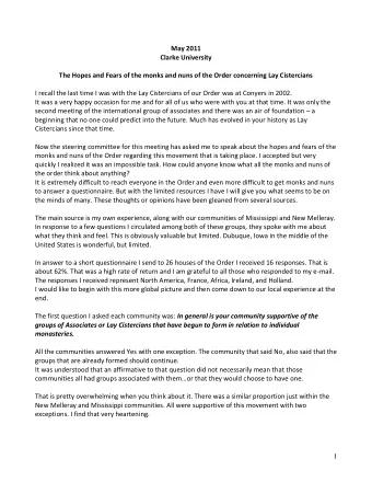 May 2011  Clarke University  The Hopes and Fears of the monks and nuns of the Order concerning Lay