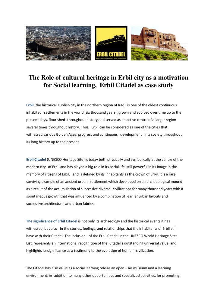 the role of cultural heritage in erbil city as a