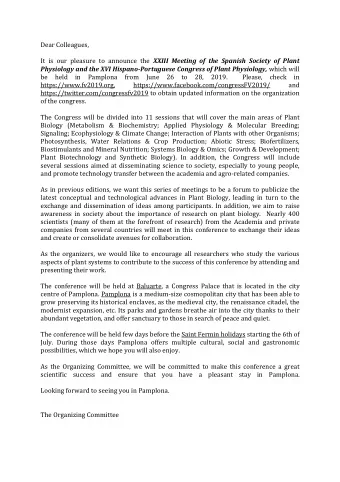 Dear Colleagues, It is our pleasure to announce the XXIII Meeting of the Spanish Society of Plant