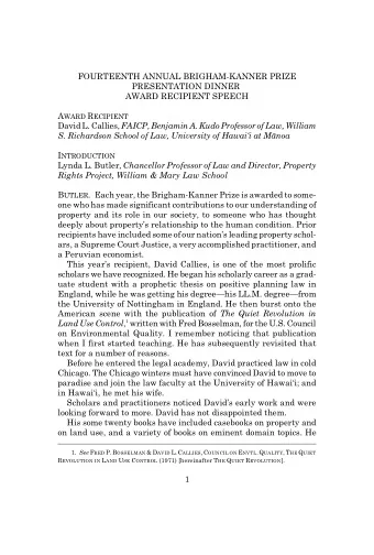 FOURTEENTH ANNUAL BRIGHAM-KANNER PRIZE  PRESENTATION DINNER  AWARD RECIPIENT SPEECH A WARD R