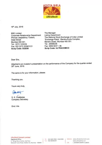 INDIA'S  EARNINGS  LARGEST  Q1:FY 2016/17  CEMENT  COMPANY Stock code: BSE : 532538 NSE :