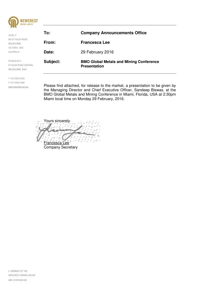 to company announcements office level 9 600 st kilda road