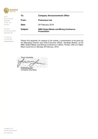 To:  Company Announcements Office  LEVEL 9  600 ST KILDA ROAD  From:  Francesca Lee  MELBOURNE