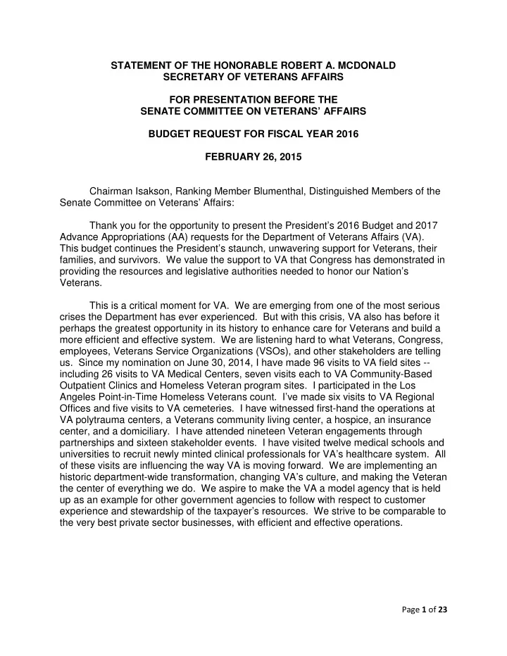 statement of the honorable robert a mcdonald secretary of