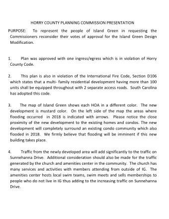 HORRY COUNTY PLANNING COMMISSION PRESENTATION  PURPOSE:  To represent the people of Island Green in