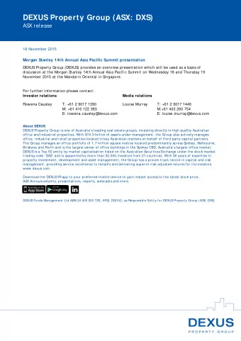 DEXUS Property Group (ASX: DXS)  ASX release  18 November 2015  Morgan Stanley 14th Annual Asia