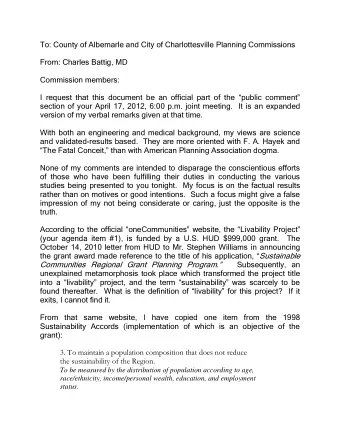 To: County of Albemarle and City of Charlottesville Planning Commissions  From: Charles Battig, MD