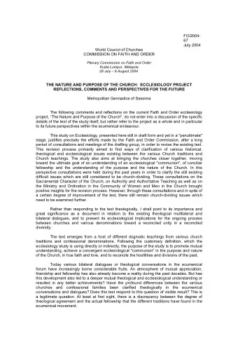 FO/2004:  67  July 2004  World Council of Churches  COMMISSION ON FAITH AND ORDER  Plenary