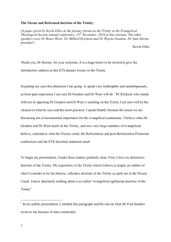 The Nicene and Reformed doctrine of the Trinity. ( A paper given by Kevin Giles at the plenary