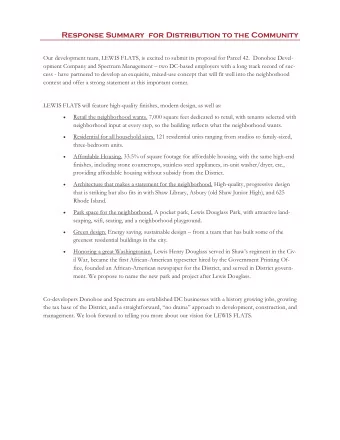 Response Summary  for Distribution to the Community  Our development team, LEWIS FLATS, is excited