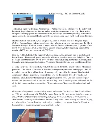 Save Haultain School RPSB: Tuesday, 7 pm.  13 December, 2011  1. (Haultain sign) The Heritage