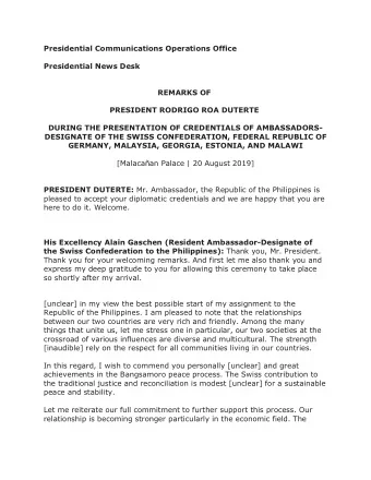 Presidential Communications Operations Office Presidential News Desk REMARKS OF PRESIDENT RODRIGO
