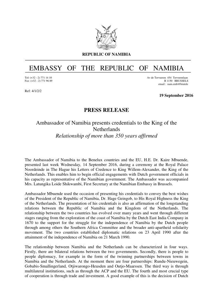 embassy of the republic of namibia