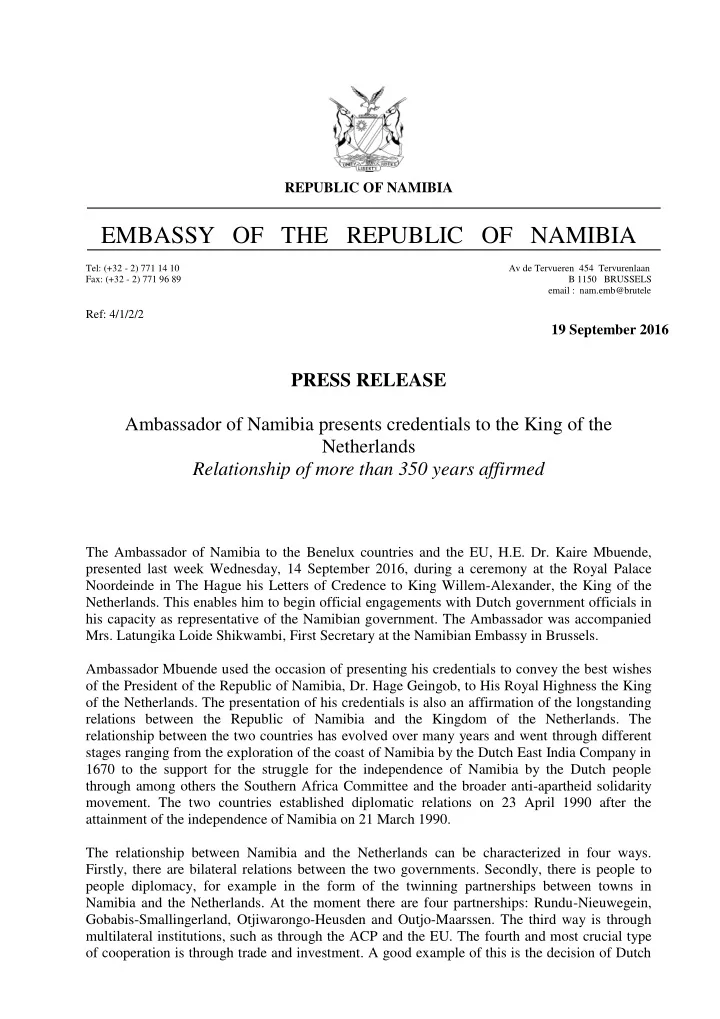 embassy of the republic of namibia