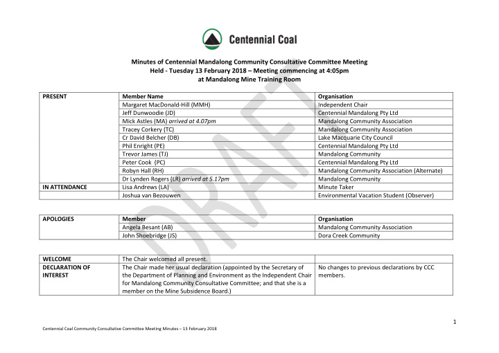 minutes of centennial mandalong community consultative