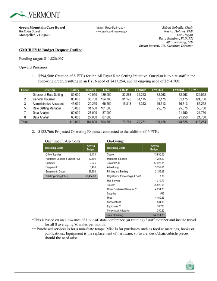 gmcb fy16 budget request outline funding target 11 826