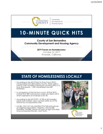 10-MINUTE QUICK HITS  County of San Bernardino  Community Development and Housing Agency  2019