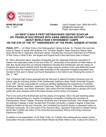 NEWS RELEASE Contact :  Julie Funasaki Yuen, (808) 454-4870  Dec. 7, 2011  julie@uhwo.hawaii.edu